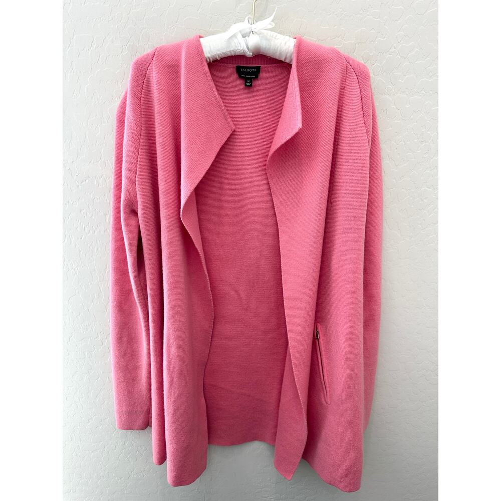 TALBOTS | Merino Wool Open Front Cardigan Pink Pocket Sweater Jacket | Medium